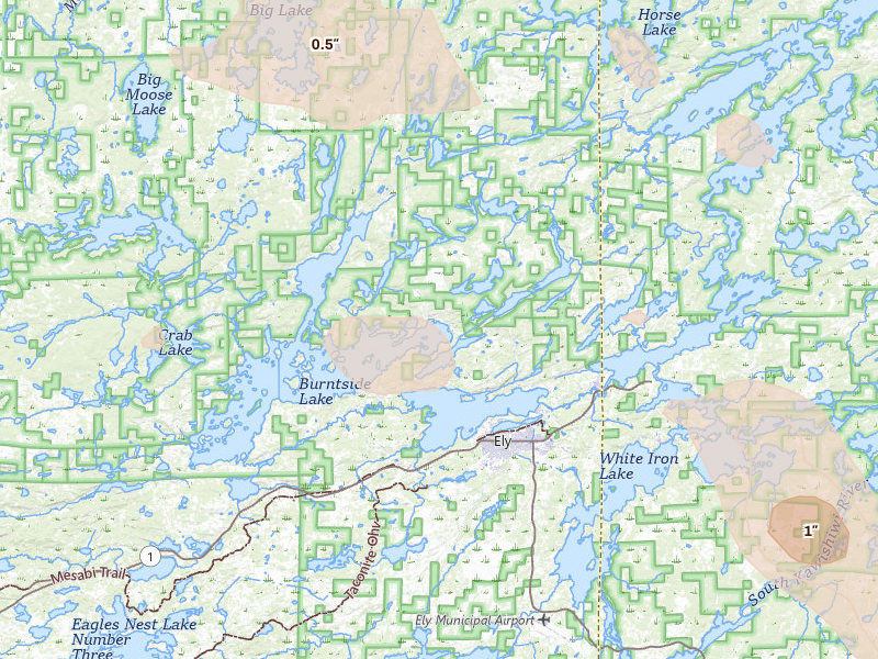 Radar-estimated hail-size map of the storm over Ely, MN on Aug 20, 2026