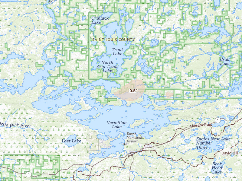 Radar-estimated hail-size map of the storm over Ely, MN on Aug 25, 2026