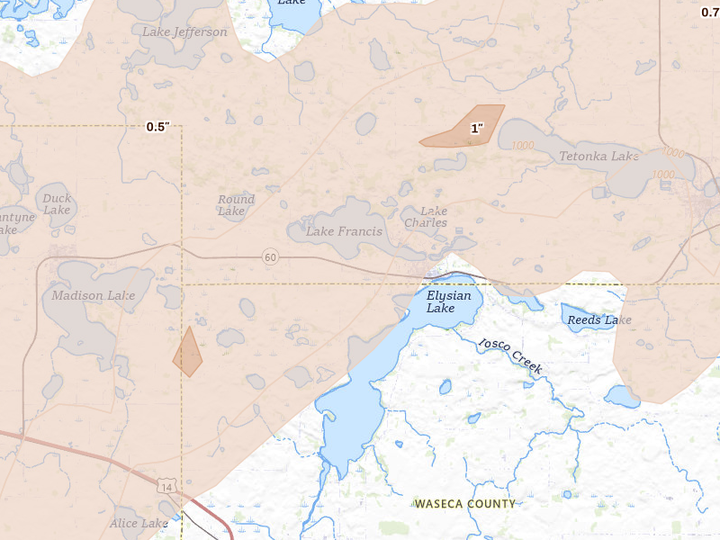 Radar-estimated hail-size map of the storm over Elysian, MN on Apr 17, 2026