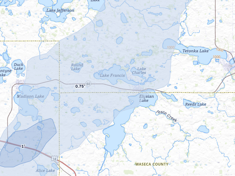 NEXRAD radar-signature map of the hail storm over Elysian, MN on May 17, 2026
