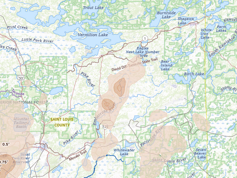 Radar-estimated hail-size map of the storm over Embarrass, MN on Jun 29, 2026