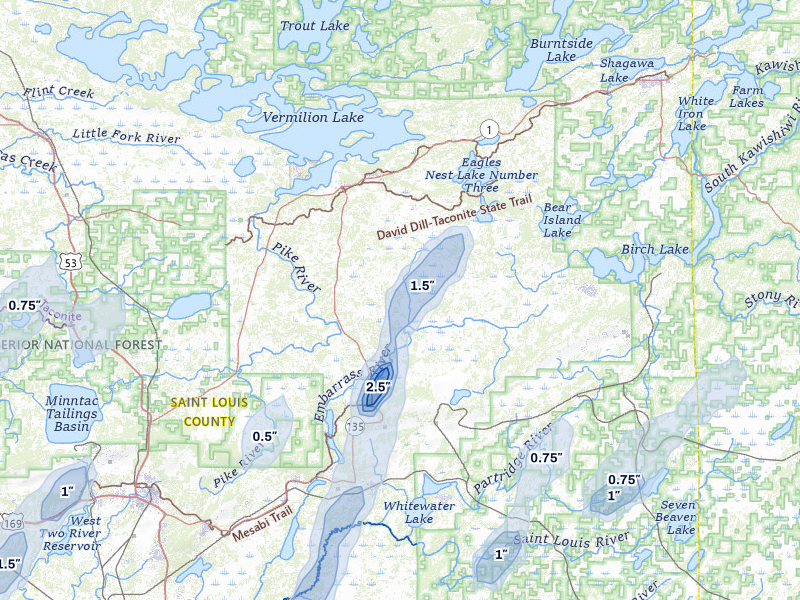 NEXRAD radar-signature map of the hail storm over Embarrass, MN on Jun 29, 2026