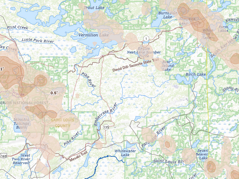 Radar-estimated hail-size map of the storm over Embarrass, MN on Jul 26, 2026
