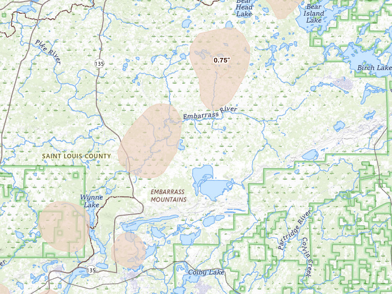Radar-estimated hail-size map of the storm over Embarrass, MN on Aug 3, 2026