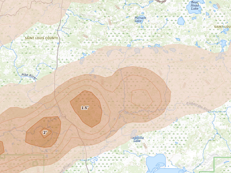 Radar-estimated hail-size map of the storm over Embarrass, MN on Sep 11, 2026