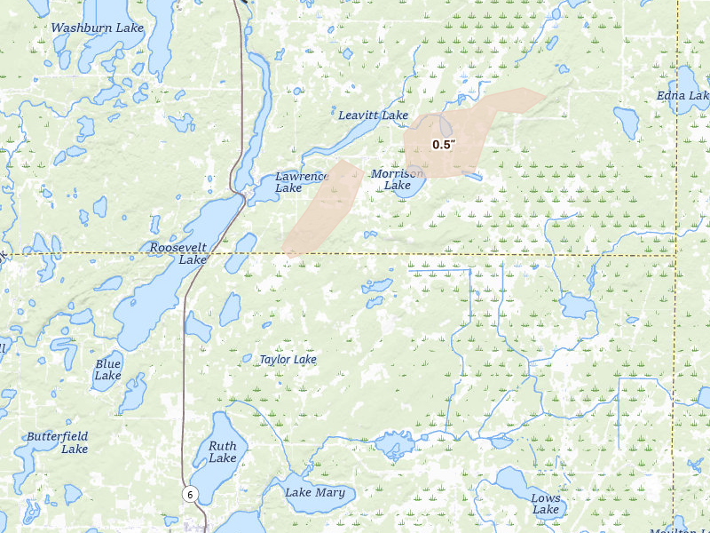 Radar-estimated hail-size map of the storm over Emily, MN on Jun 29, 2026