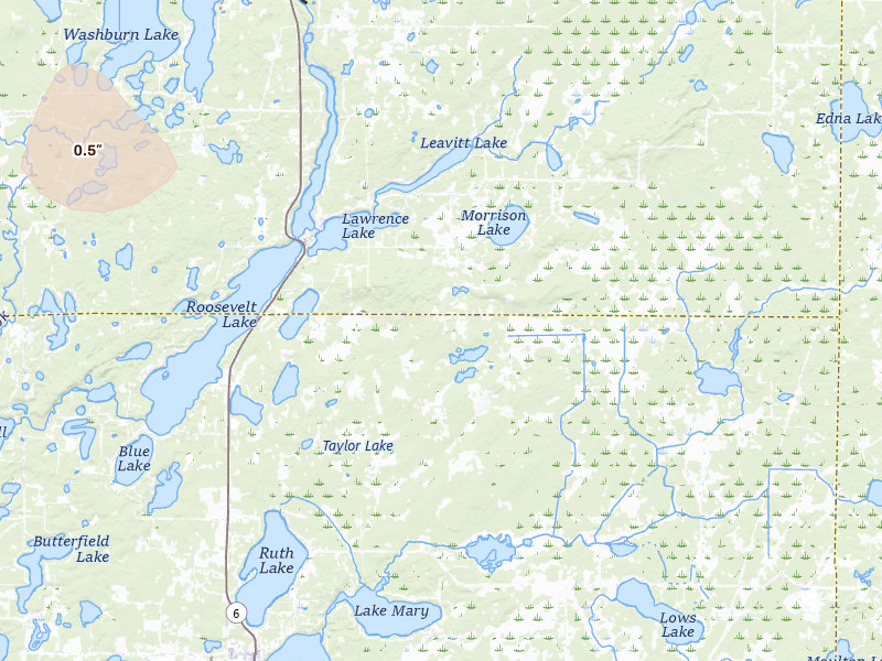 Radar-estimated hail-size map of the storm over Emily, MN on Jul 6, 2026