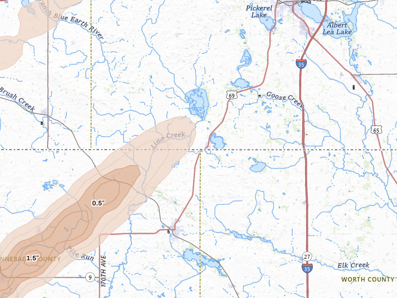 Radar-estimated hail-size map of the storm over Emmons, MN on Apr 11, 2026