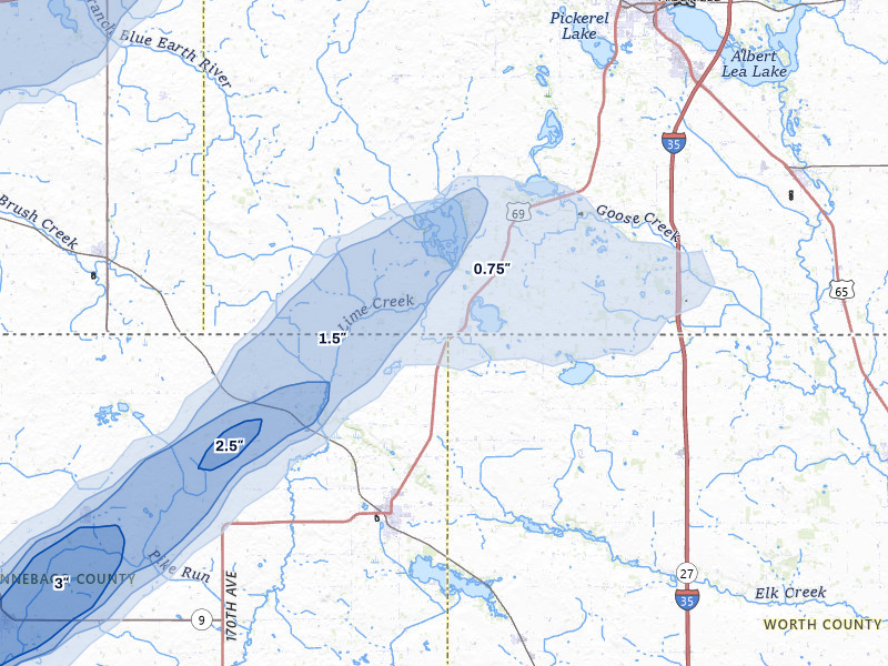 NEXRAD radar-signature map of the hail over Emmons, MN