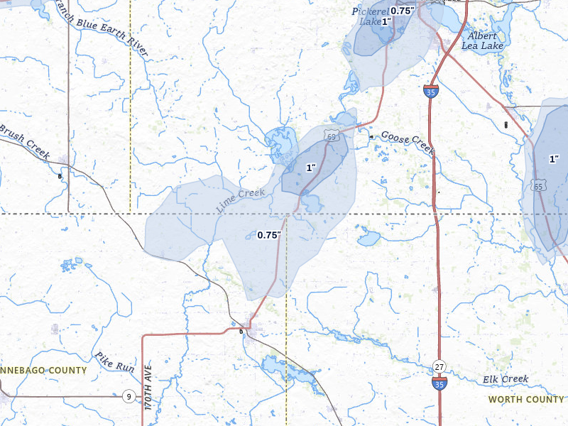 NEXRAD radar-signature map of the hail over Emmons, MN