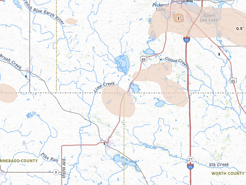 Radar-estimated hail-size map of the storm over Emmons, MN on May 26, 2026