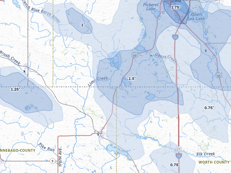 NEXRAD radar-signature map of the hail over Emmons, MN