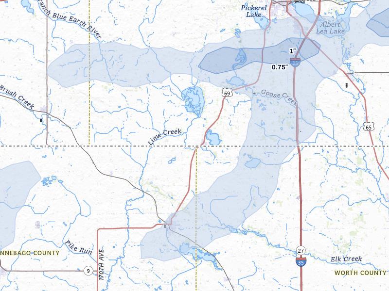 NEXRAD radar-signature map of the hail storm over Emmons, MN on Jul 1, 2026