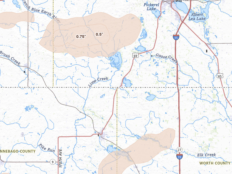 Radar-estimated hail-size map of the storm over Emmons, MN on Jul 2, 2026