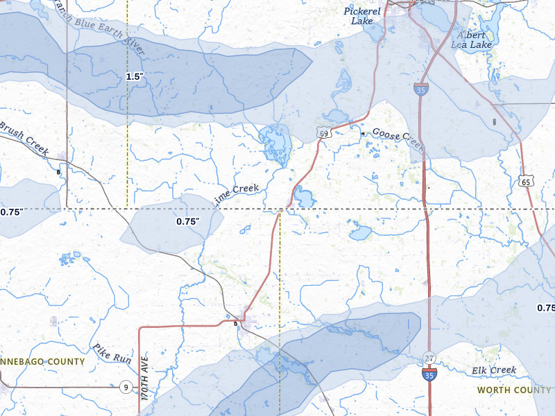 NEXRAD radar-signature map of the hail over Emmons, MN