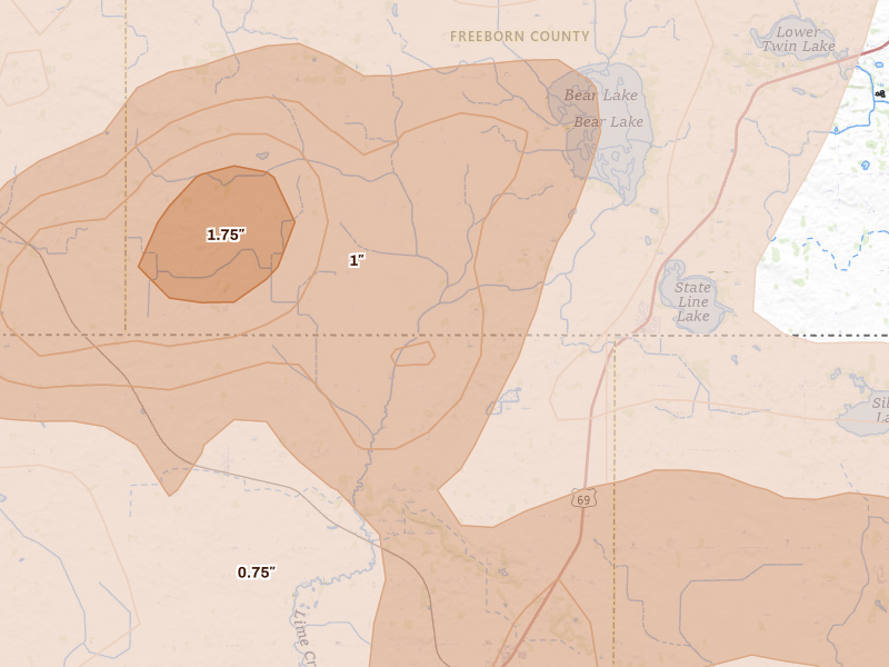 Radar-estimated hail-size map of the storm over Emmons, MN on Aug 7, 2026
