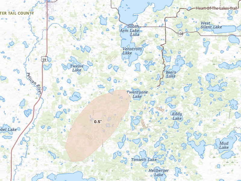 Radar-estimated hail-size map of the storm over Erhard, MN on Jun 8, 2026