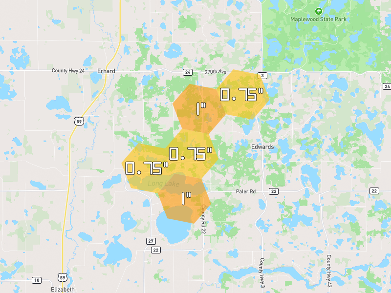 Hail map of Erhard, MN on Jun 9, 2026, hail up to 1"