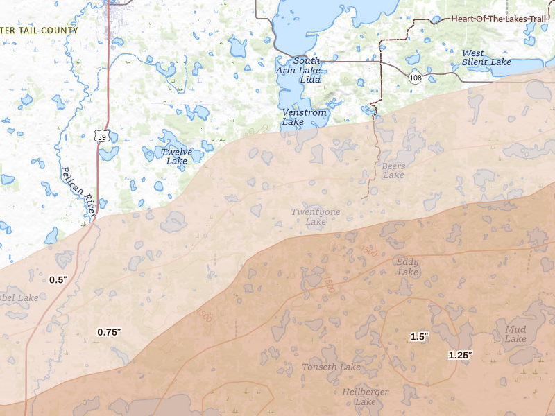 Radar-estimated hail-size map of the storm over Erhard, MN on Jun 29, 2026
