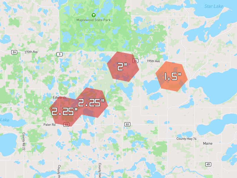 Hail map of Erhard, MN on Jun 29, 2026, hail up to 2.25"