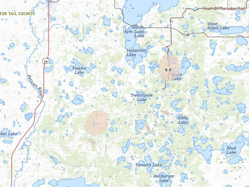 Radar-estimated hail-size map of the storm over Erhard, MN on Aug 3, 2026