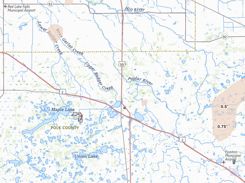 Radar-estimated hail-size map of the storm over Erskine, MN on Jun 10, 2026