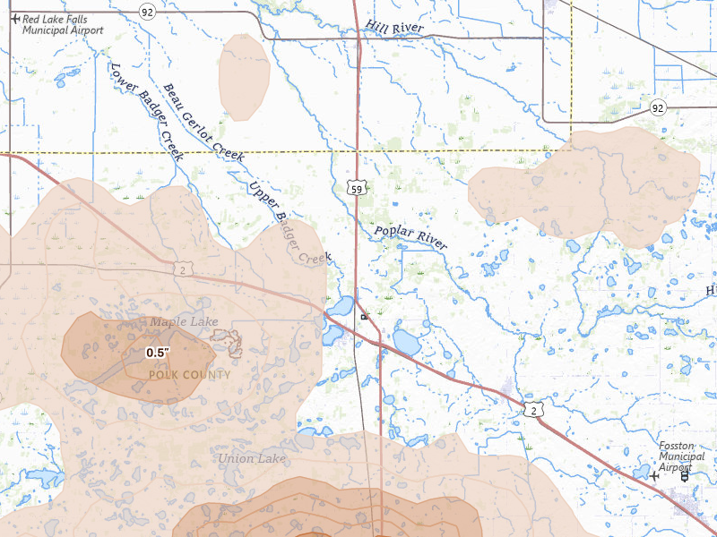 Radar-estimated hail-size map of the storm over Erskine, MN on Jul 6, 2026