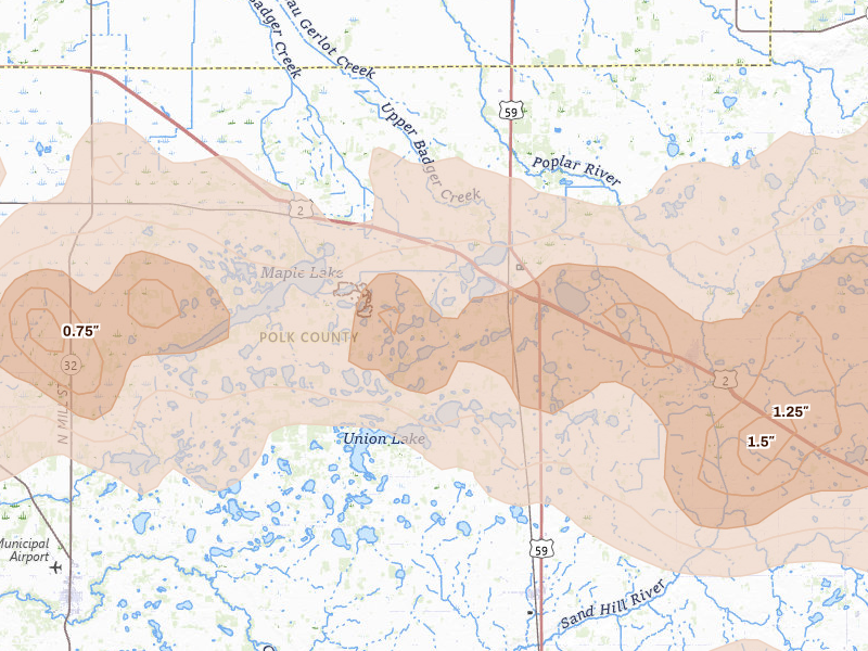 Radar-estimated hail-size map of the storm over Erskine, MN