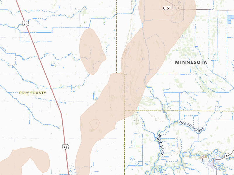 Radar-estimated hail-size map of the storm over Euclid, MN on Jun 29, 2026