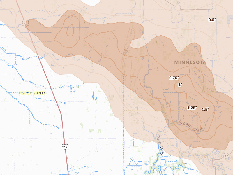 Radar-estimated hail-size map of the storm over Euclid, MN on Jul 24, 2026