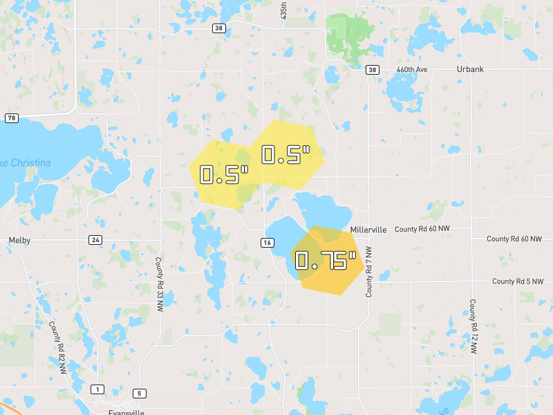 Hail map of Evansville, MN on Jun 29, 2026, hail up to 0.75"