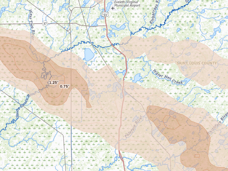 Radar-estimated hail-size map of the storm over Eveleth, MN on Jul 26, 2026