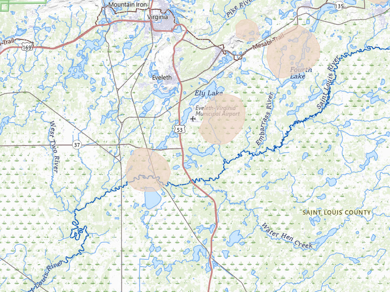Radar-estimated hail-size map of the storm over Eveleth, MN on Aug 3, 2026