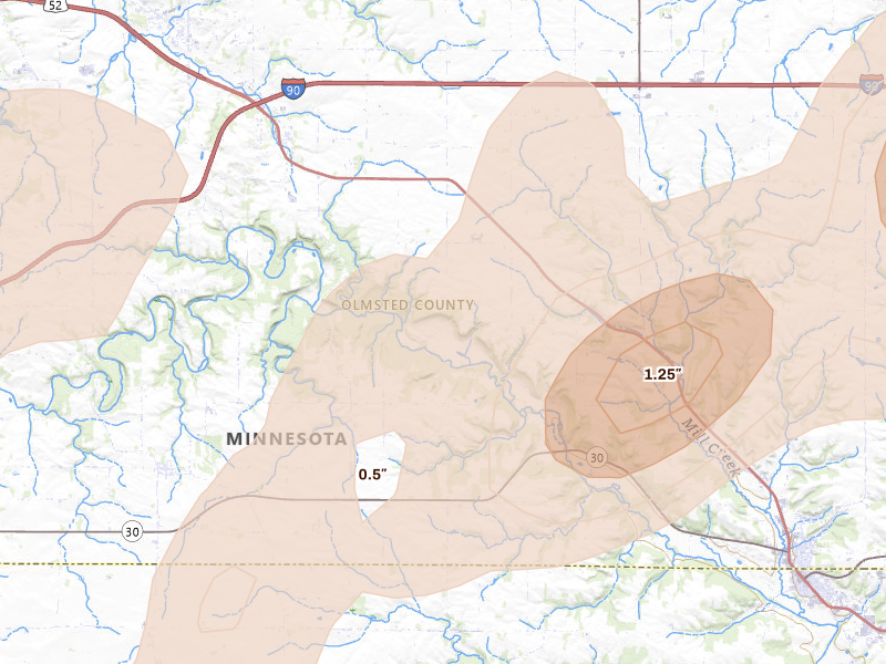 Radar-estimated hail-size map of the storm over Eyota, MN on Apr 17, 2026