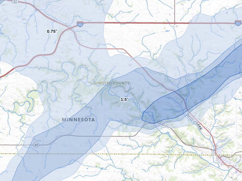 NEXRAD radar-signature map of the hail over Eyota, MN