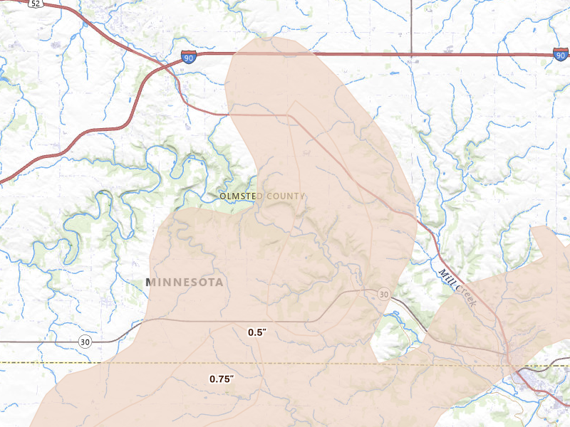 Radar-estimated hail-size map of the storm over Eyota, MN on Jun 30, 2026