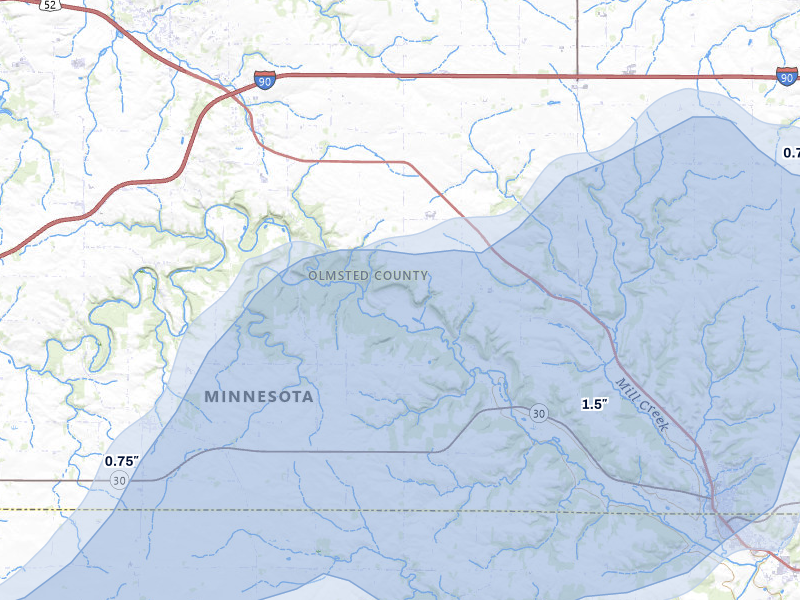 NEXRAD radar-signature map of the hail storm over Eyota, MN on Jun 30, 2026