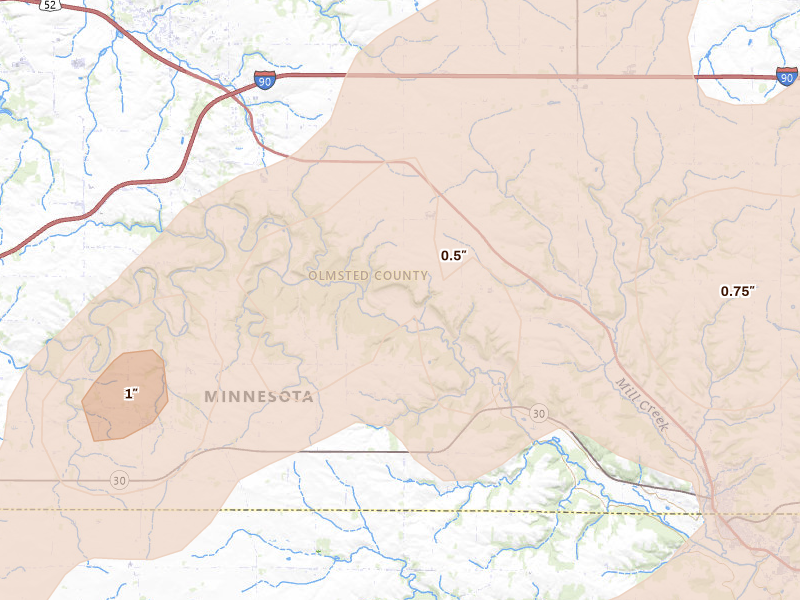 Radar-estimated hail-size map of the storm over Eyota, MN on Jul 1, 2026