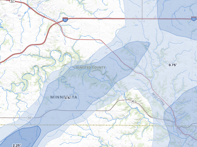 NEXRAD radar-signature map of the hail storm over Eyota, MN on Jul 1, 2026