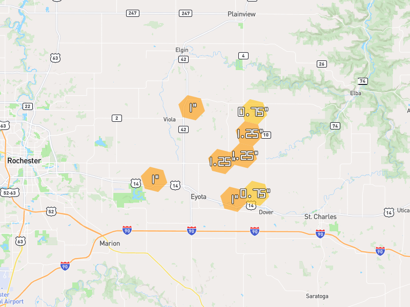 Hail map of Eyota, MN on Jul 2, 2026, hail up to 1.25"