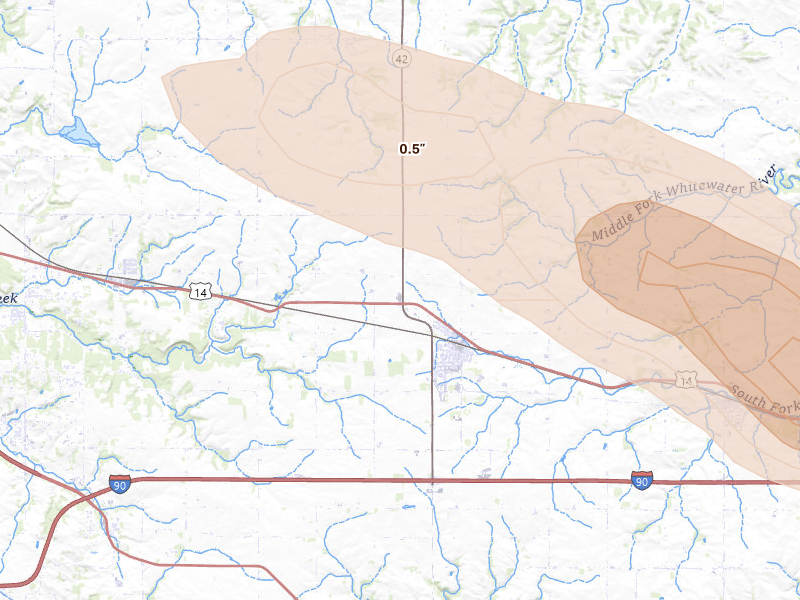 Radar-estimated hail-size map of the storm over Eyota, MN on Aug 18, 2026