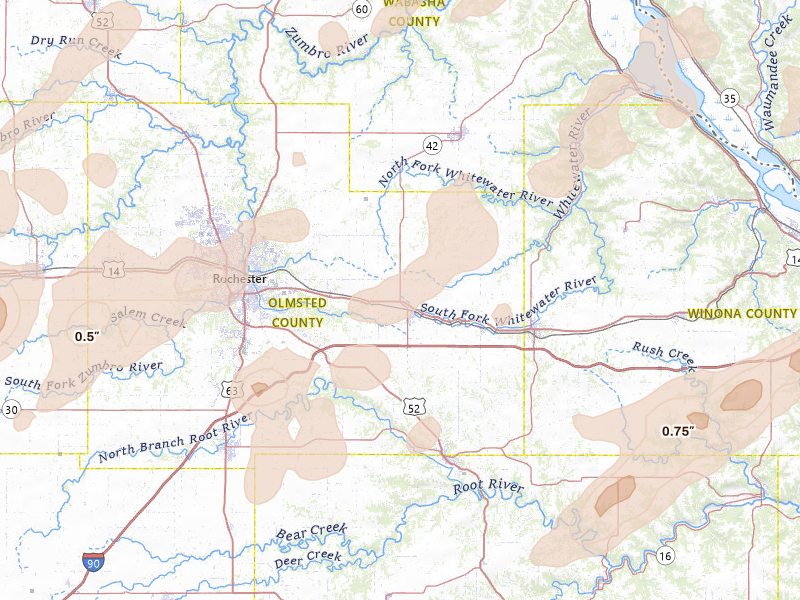 Radar-estimated hail-size map of the storm over Eyota, MN on Sep 1, 2026