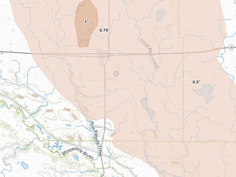 Radar-estimated hail-size map of the storm over Fairfax, MN on May 24, 2026