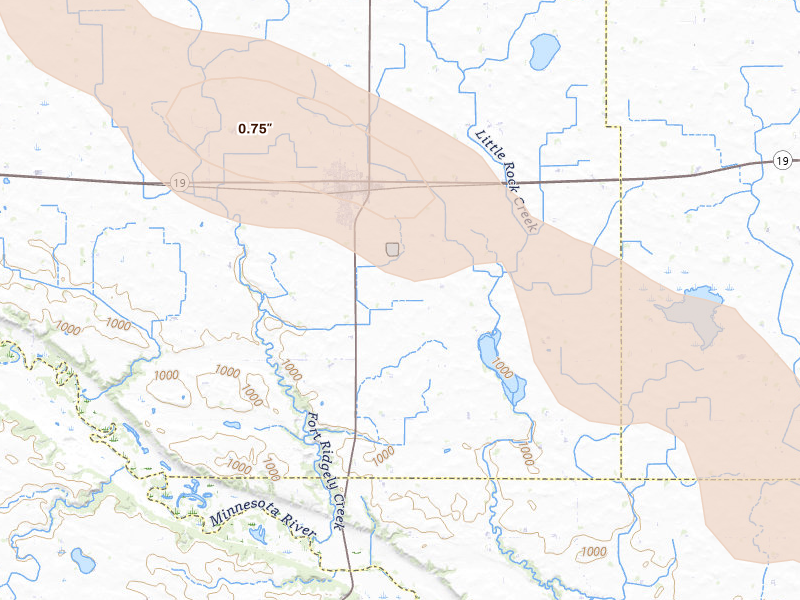 Radar-estimated hail-size map of the storm over Fairfax, MN on Jun 23, 2026