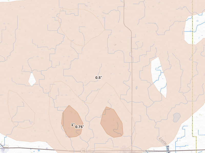Radar-estimated hail-size map of the storm over Fairfax, MN on Aug 7, 2026