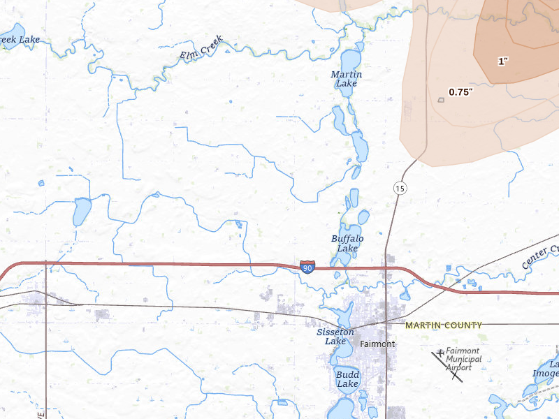Radar-estimated hail-size map of the storm over Fairmont, MN on Apr 13, 2026