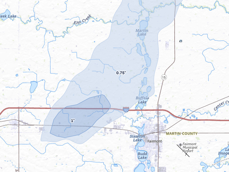 NEXRAD radar-signature map of the hail storm over Fairmont, MN on Jun 29, 2026