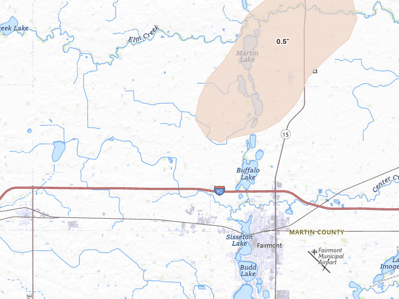 Radar-estimated hail-size map of the storm over Fairmont, MN on Jun 30, 2026