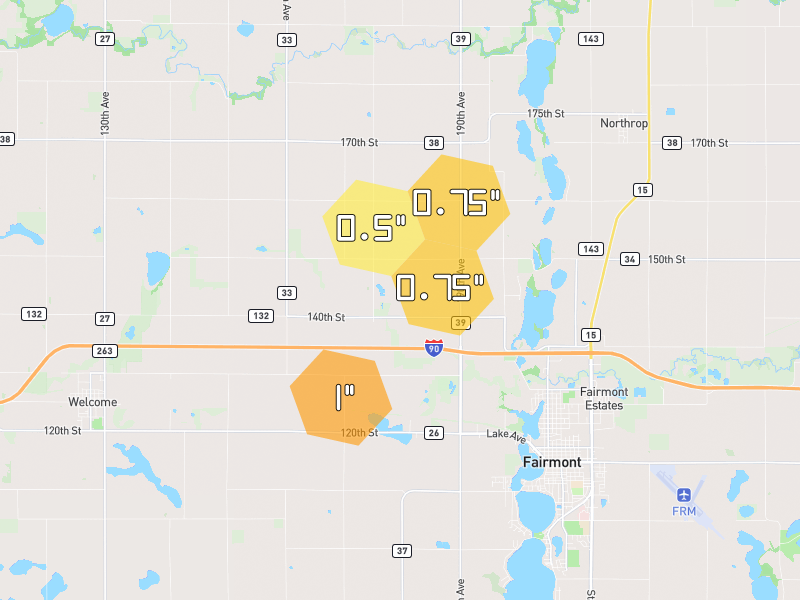 Hail map of Fairmont, MN on Jun 30, 2026, hail up to 1"