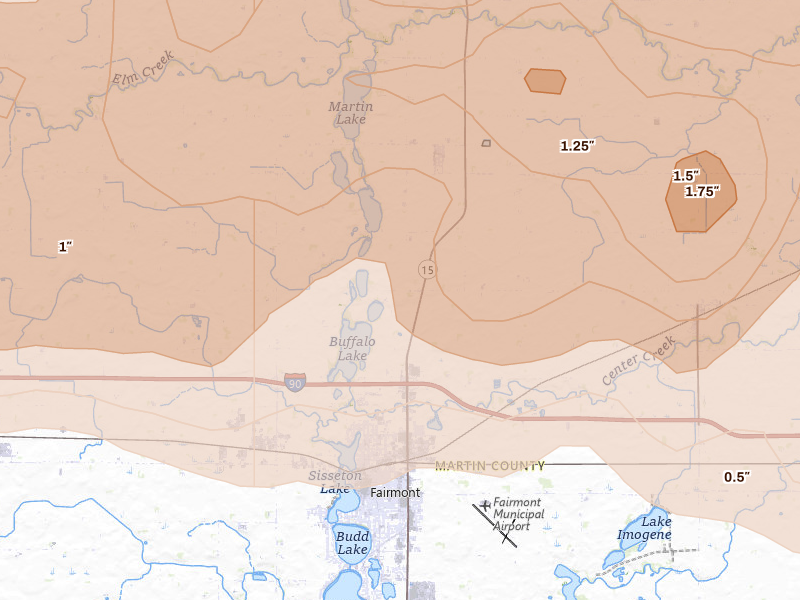 Radar-estimated hail-size map of the storm over Fairmont, MN on Aug 7, 2026